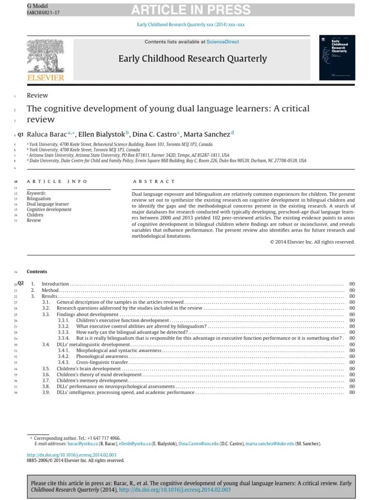 The Cognitive Development Of Young Dual Language Learners | PDF