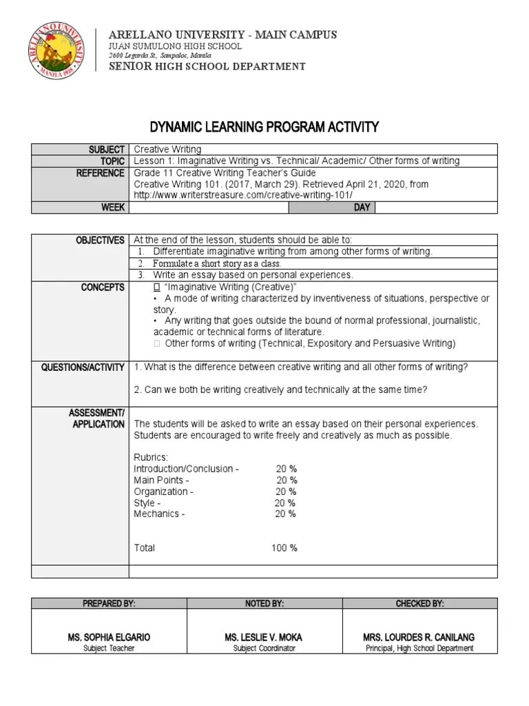 CREATIVE DLP Lesson 1 Imaginative Writing | PDF