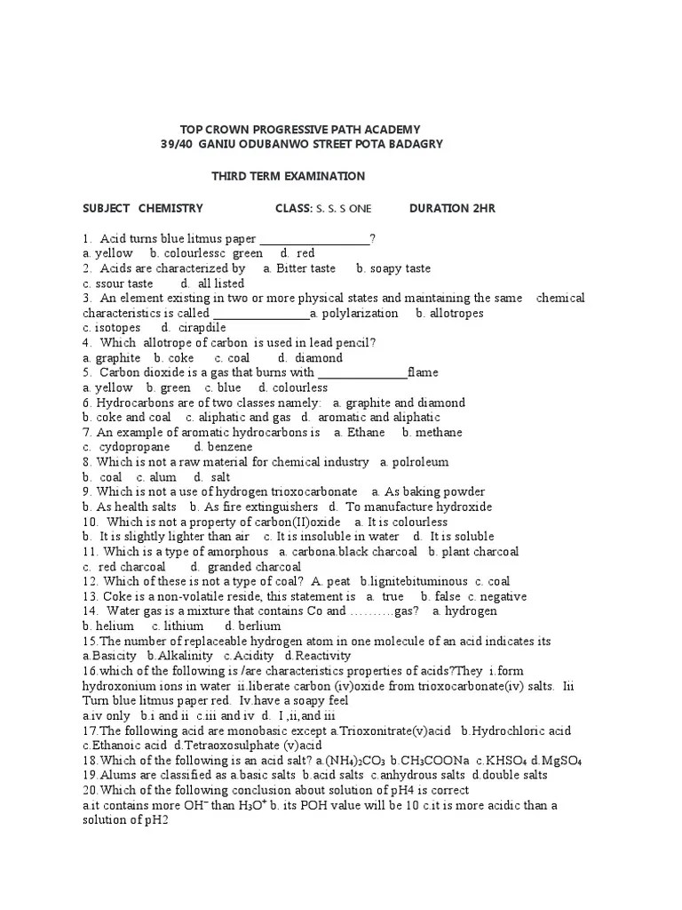 Chemistry SS1 Third Term Exam | PDF