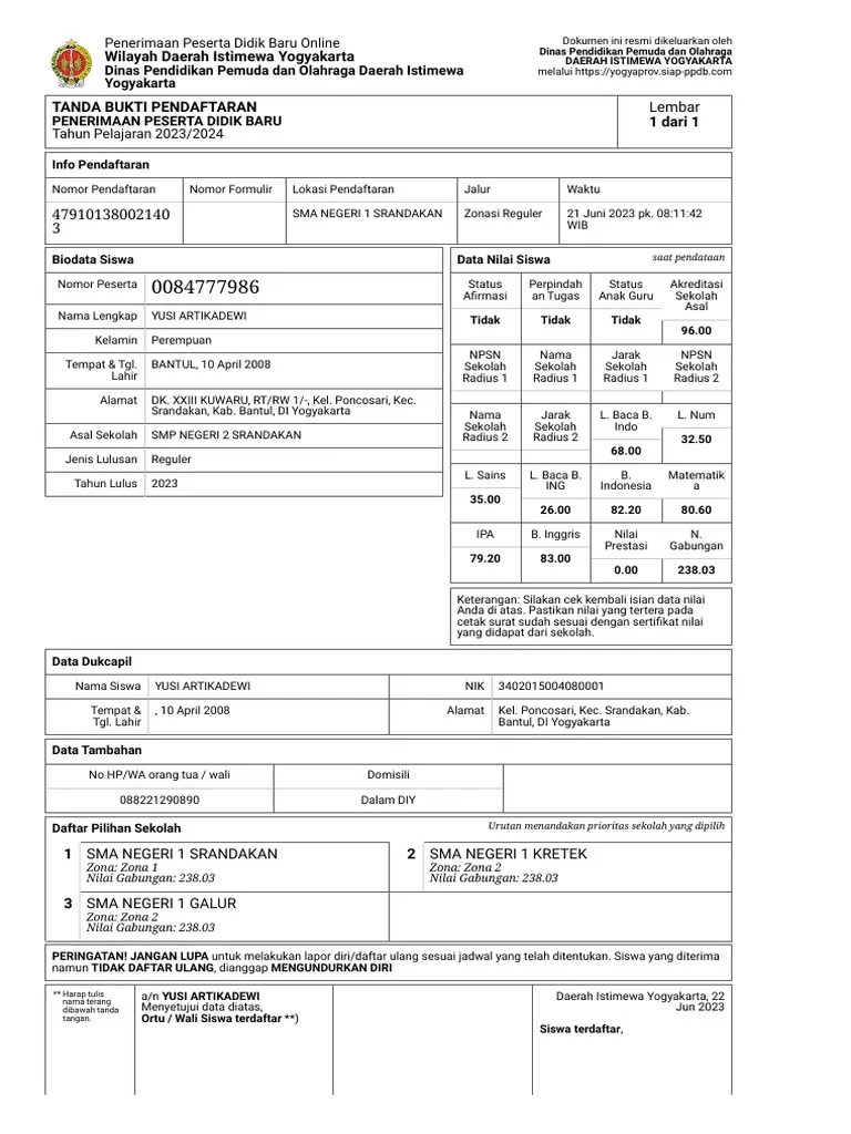 Tanda Bukti Pendaftaran - 0084777986 - YUSI ARTIKADEWI | PDF