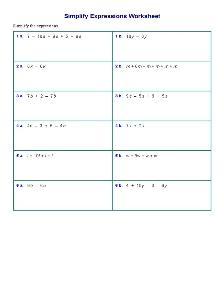 Simplify Expressions Worksheet 2 | PDF