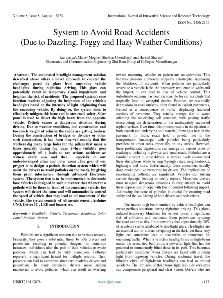 System To Avoid Road Accidents (Due To Dazzling, Foggy And Hazy Weather ...