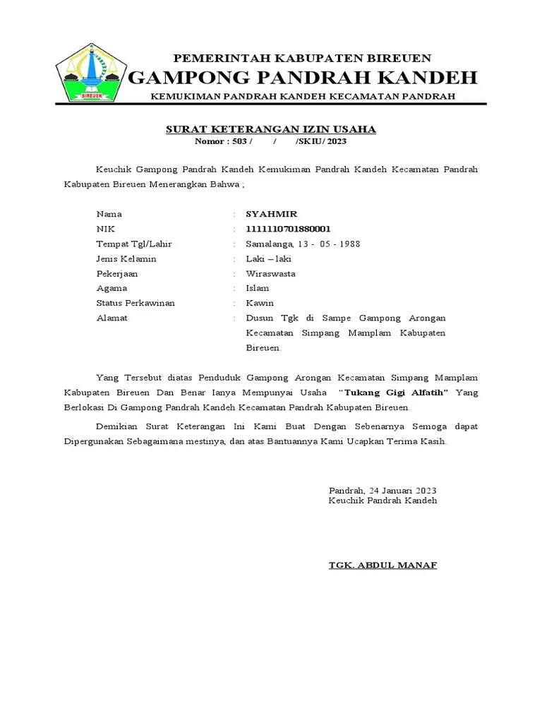 Surat Keterangan Izin Usaha | PDF