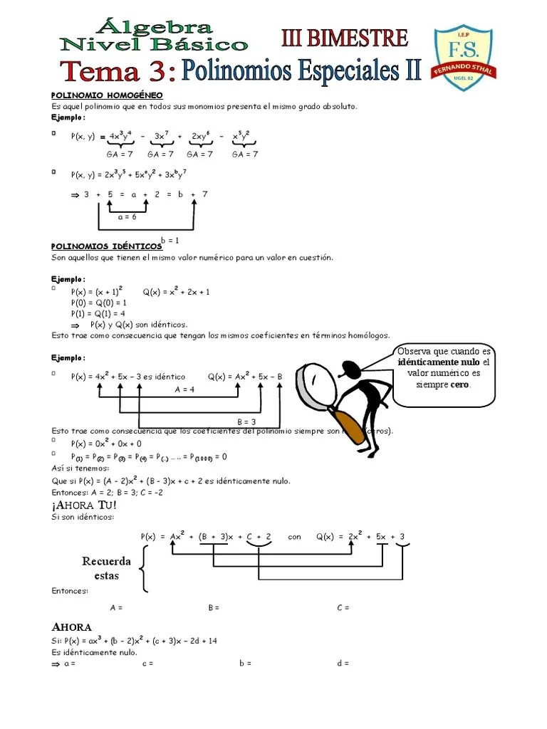 TEMA 3 ALGEBRA NIVEL BASICO Polinomios Especiales II | PDF | Matemáticas Aplicadas | Relaciones ...