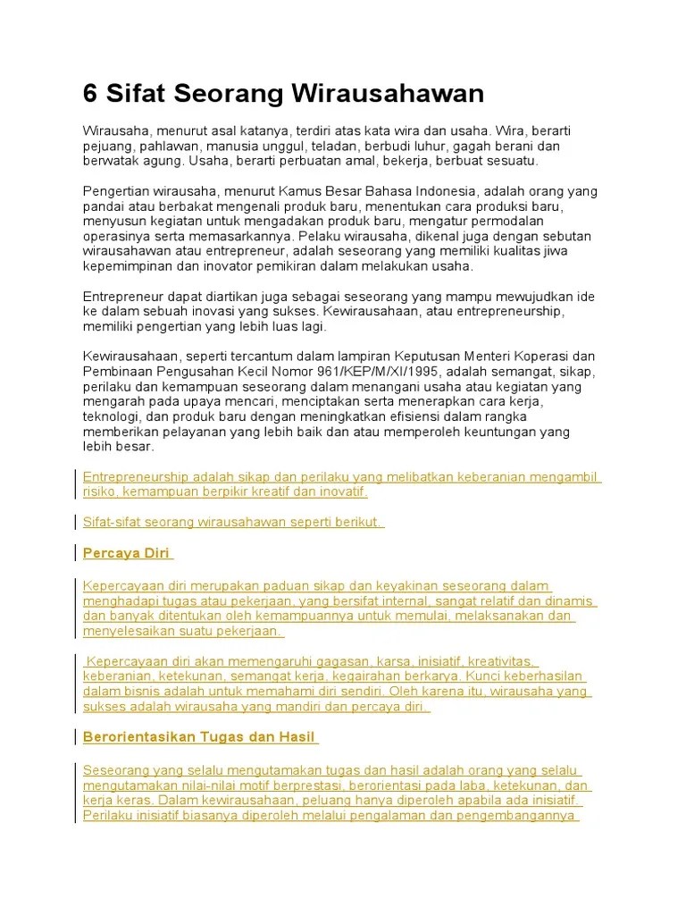 6 Sifat Seorang Wirausahawan | PDF