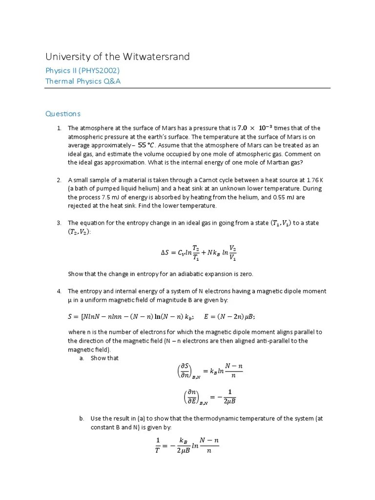 PHYS2002 Thermal Physics Q&A | PDF | Entropy | Heat
