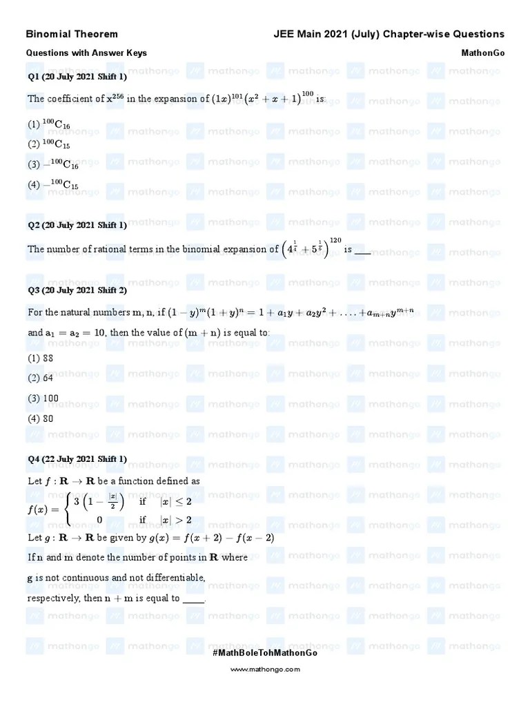 Binomial Theorem - JEE Main 2021 July Chapter-Wise - MathonGo | PDF | Complex Analysis | Number ...