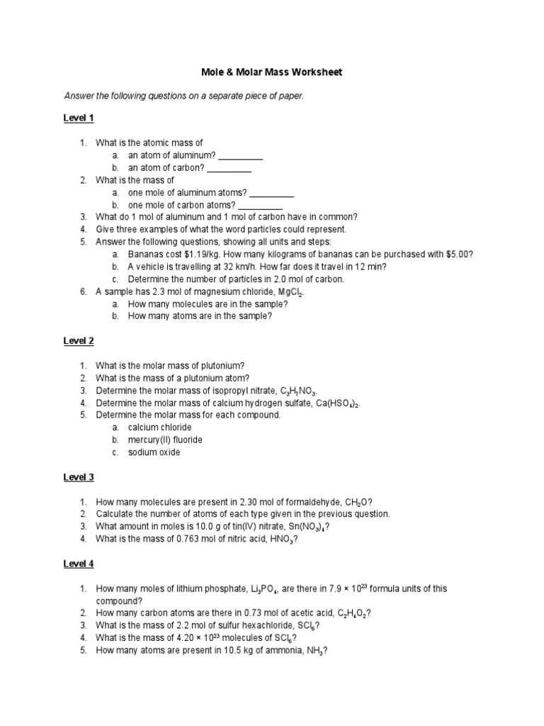 Moles And Molar Mass Worksheet PDF | PDF