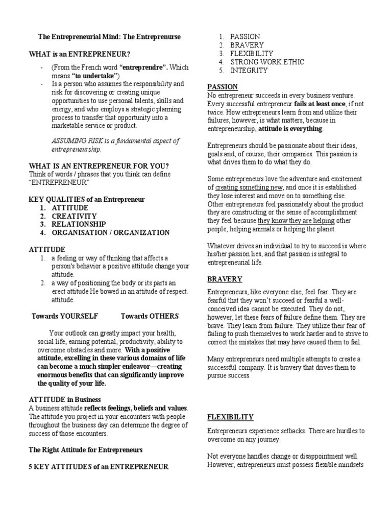 The Entrepreneurial Mind LESSON 1 | PDF | Entrepreneurship | Attitude ...