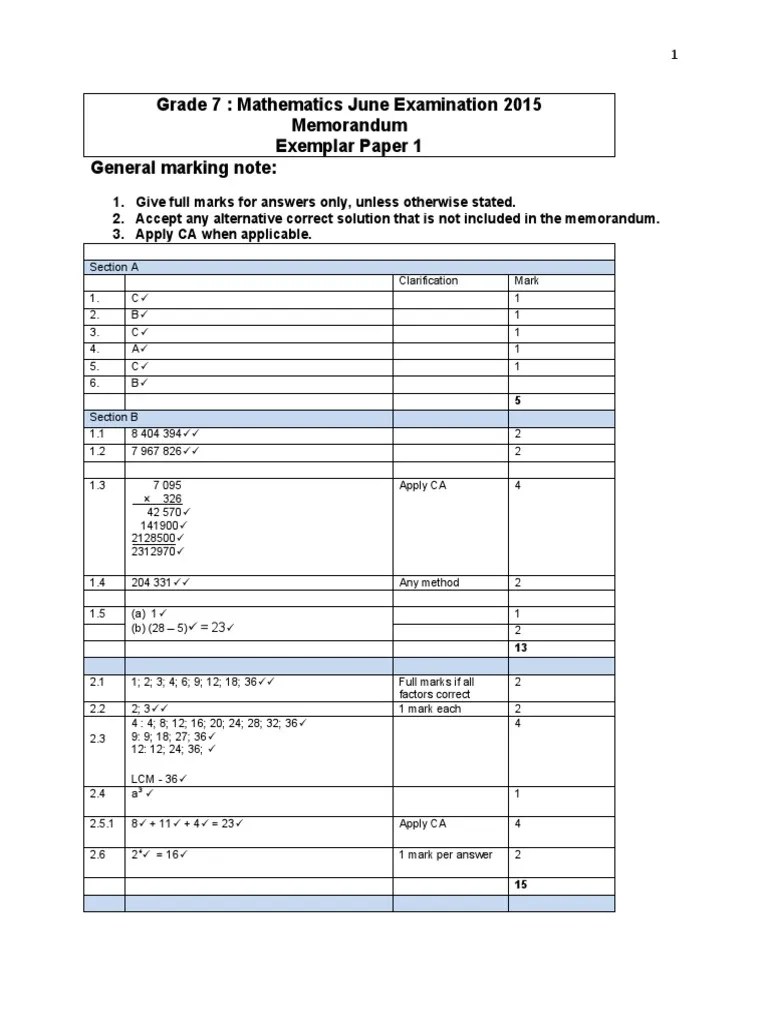 WC Grade 7 Mathematics Exam MEMO Paper 1 June | PDF | Mathematics | Arithmetic