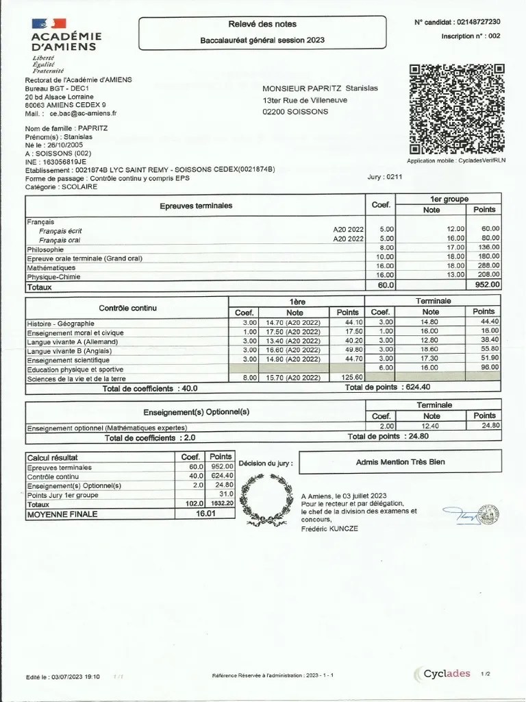 Relevé Notes Bac 2023 Sp Pdf