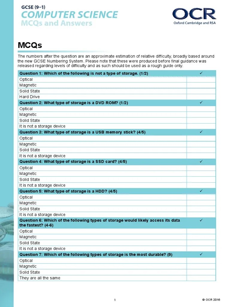 5 Storage Mcqs Answers | PDF | Solid State Drive | Computer Data Storage