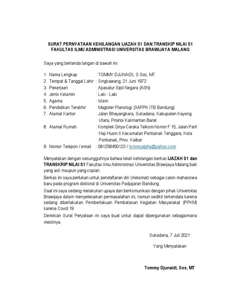 Contoh Surat Pernyataan Kehilangan Ijazah | PDF