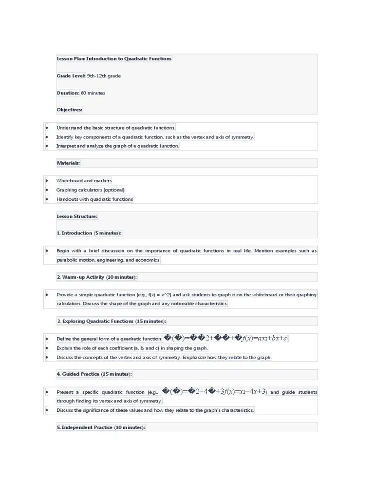Lesson Plan Introduction To Quadratic Functions | PDF | Function (Mathematics) | Lesson Plan