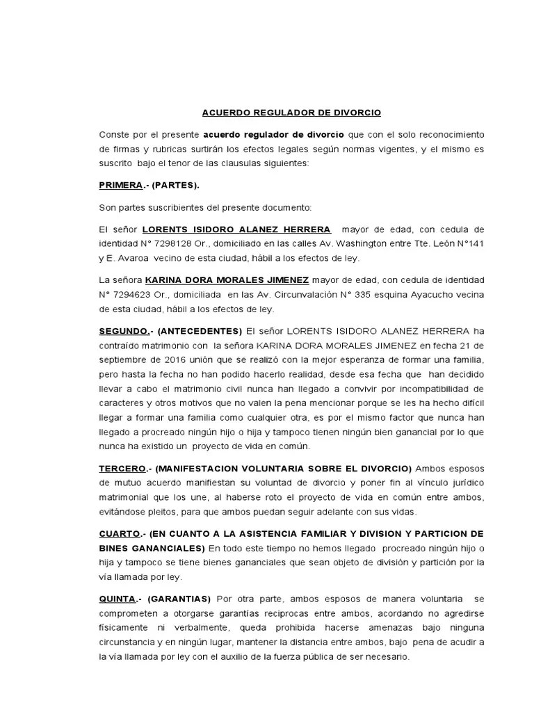Acuerdo Regulador De Divorcio | PDF | Divorcio | Matrimonio