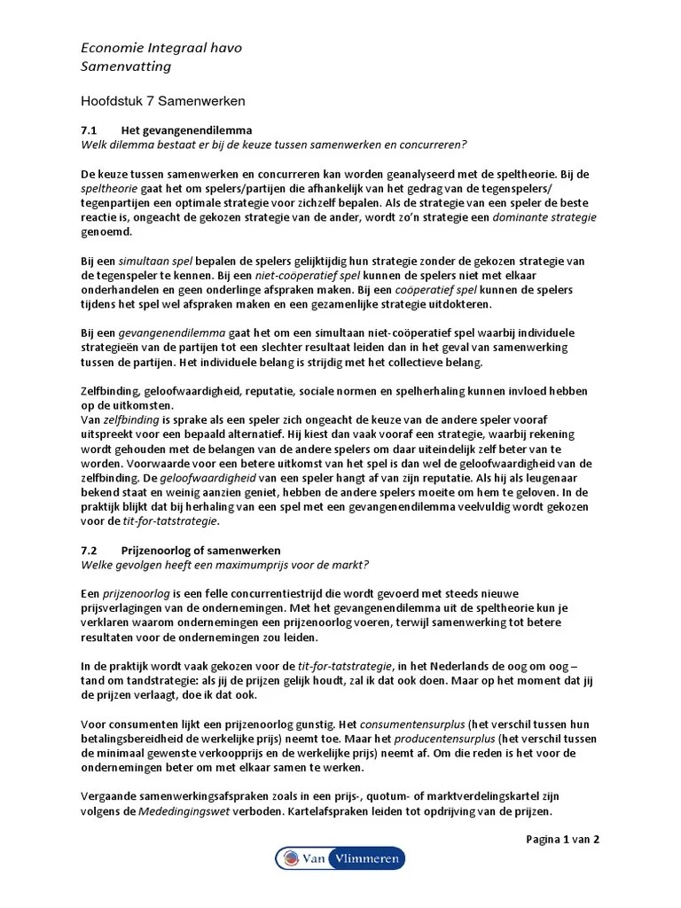 Economie Integraal Havo Samenvatting Hoofdstuk 7, 2de | PDF
