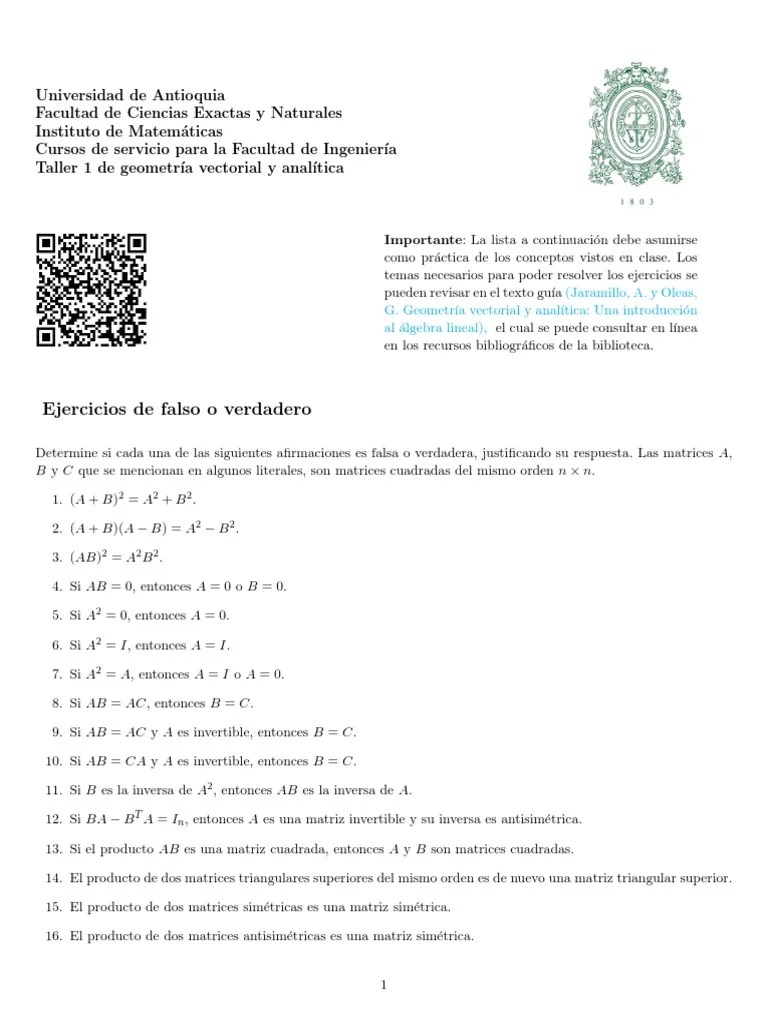 Taller 1 Geometría Vectorial Y Analítica | PDF | Matriz (Matemáticas) | Dólar De Los Estados Unidos