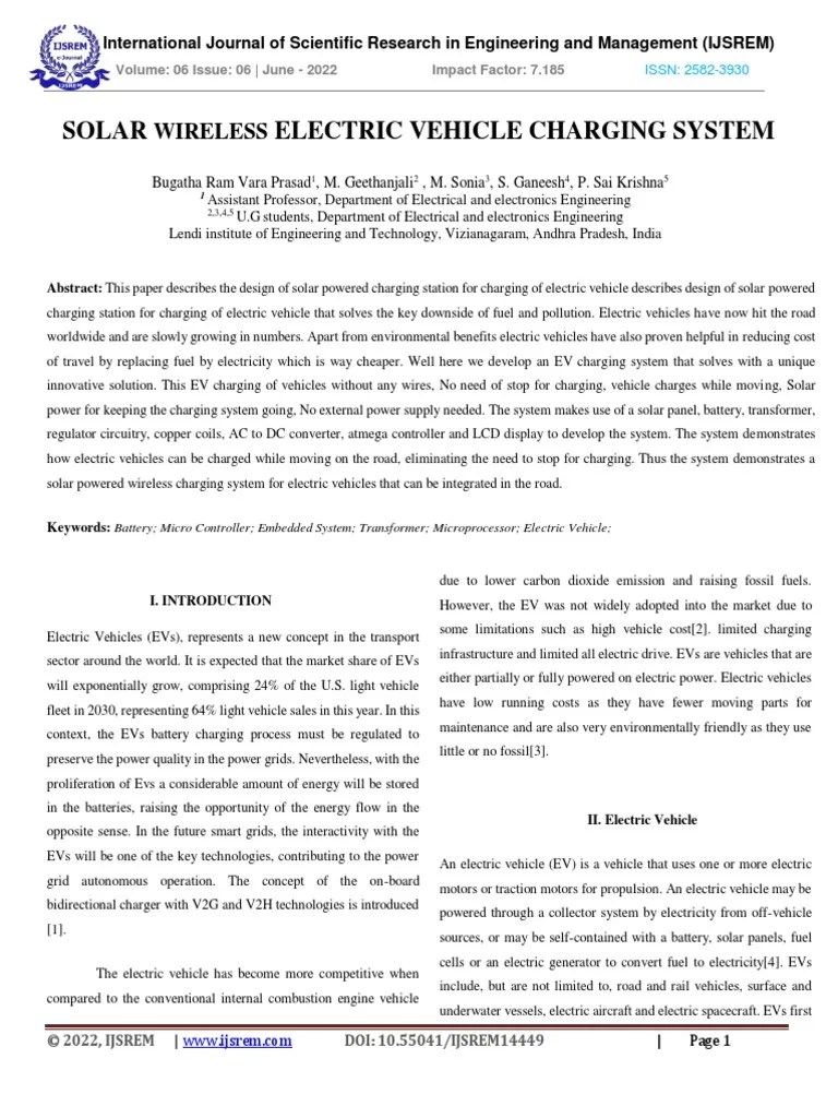Solar Wireless Electric Vehicle Charging System | PDF | Electric Vehicle | Light Emitting Diode