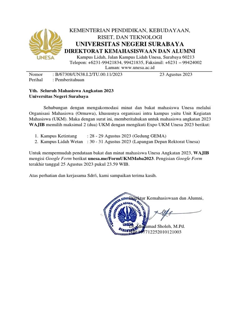 Pemberitahuan Keikutsertaan UKM Unesa 2023 (Mahasiswa Baru) | PDF