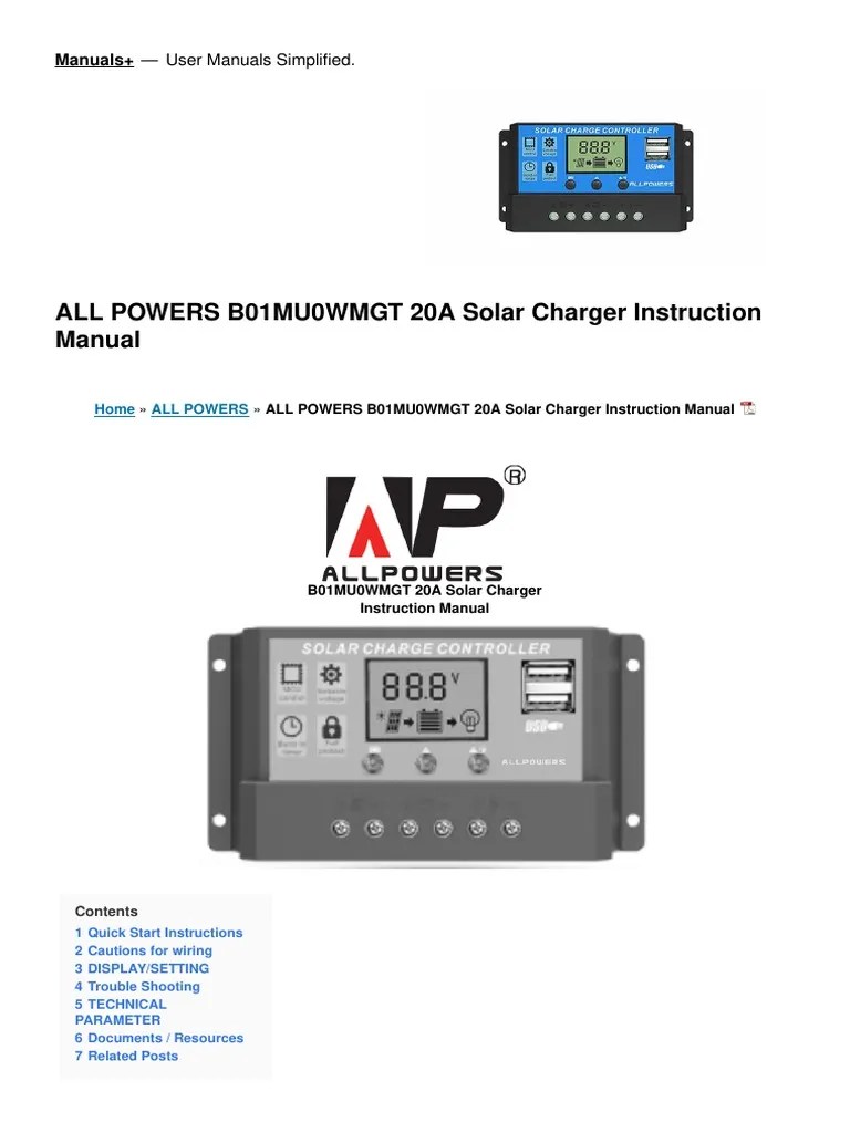B01mu0wmgt 20a Solar Charger Manual | PDF | Solar Panel | Battery Charger