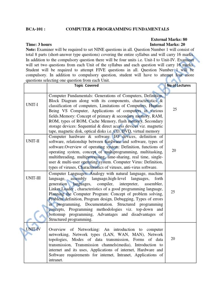 BCA-101: Computer & Programming Fundamentals External Marks: 80 Time: 3 ...