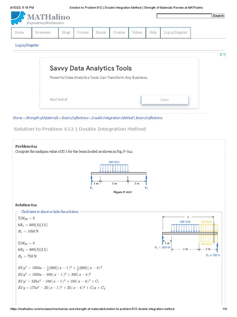 Solution To Problem 612 - Double Integration Method - Strength Of Materials Review At MATHalino ...