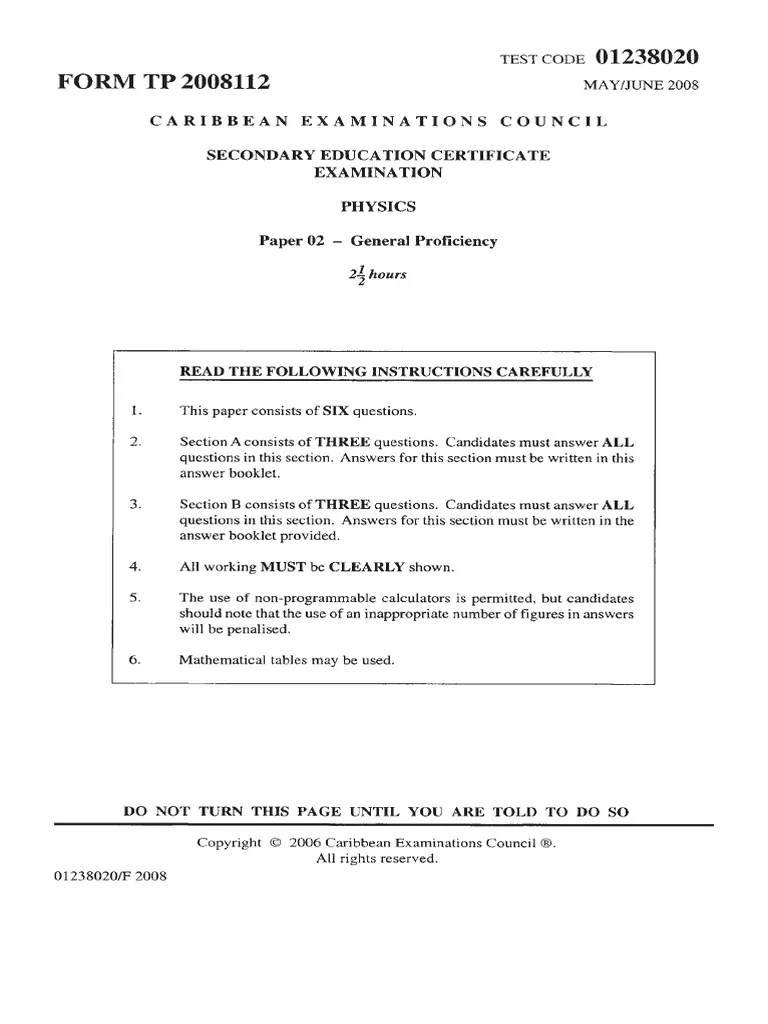 CSEC Physics June 2008 P2 | PDF | Force | Heat