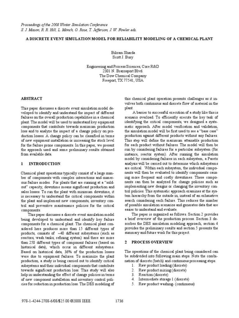 A Discrete Event Simulation Model For Reliability Modeling Of A ...
