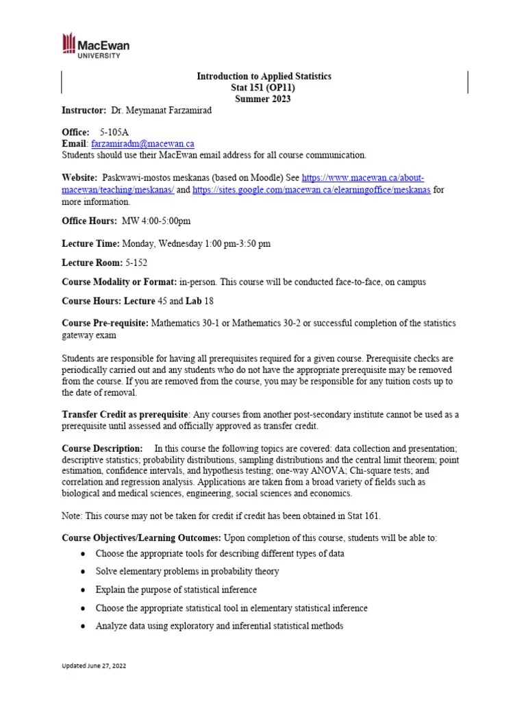 Last Version-Stat 151course Outline Summer 2023 | PDF | Probability ...
