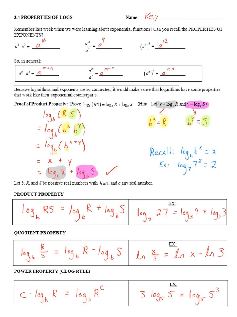 3.4 Properties Of Logs Notes Key | PDF | Logarithm | Combinatorics