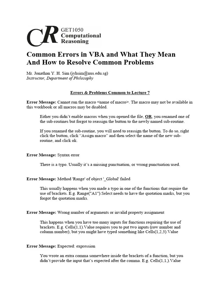 Common Error Messages In VBA And What They Mean | PDF | Microsoft Excel ...