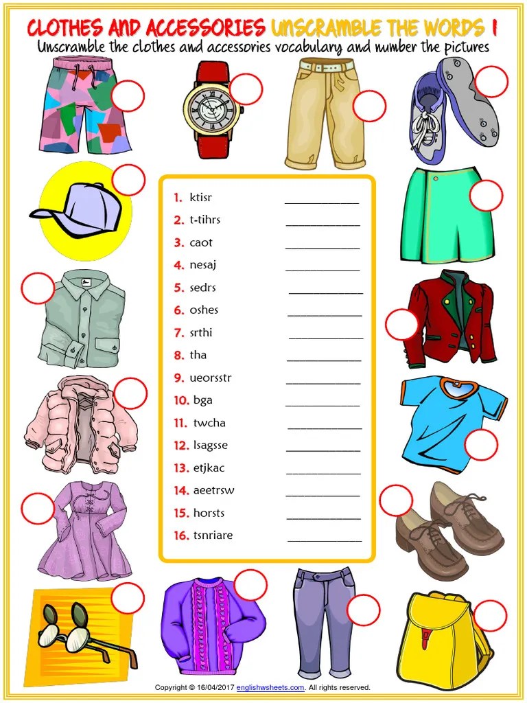 Clothes And Accessories Vocabulary Esl Unscramble The Words Worksheets For Kids | PDF