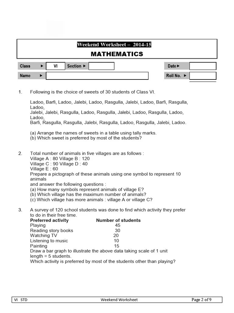 Class 6 Data Handling Worksheet | PDF
