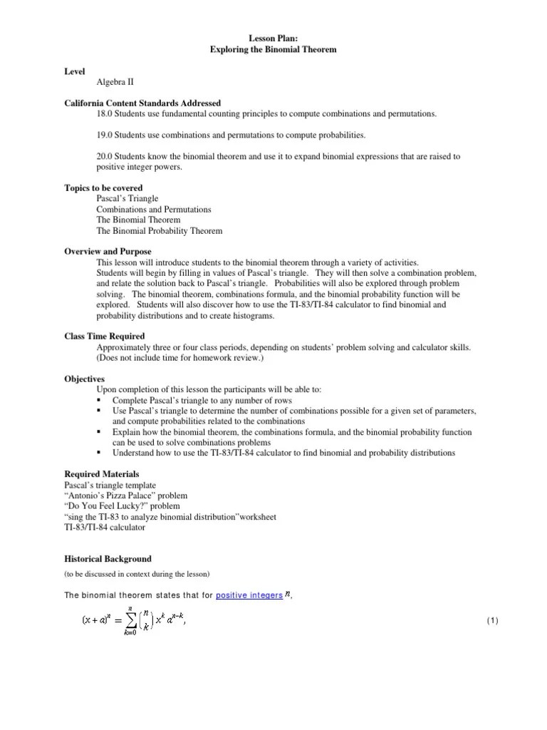 Binomial Theorem Lesson Plan | PDF | Mathematics | Discrete Mathematics