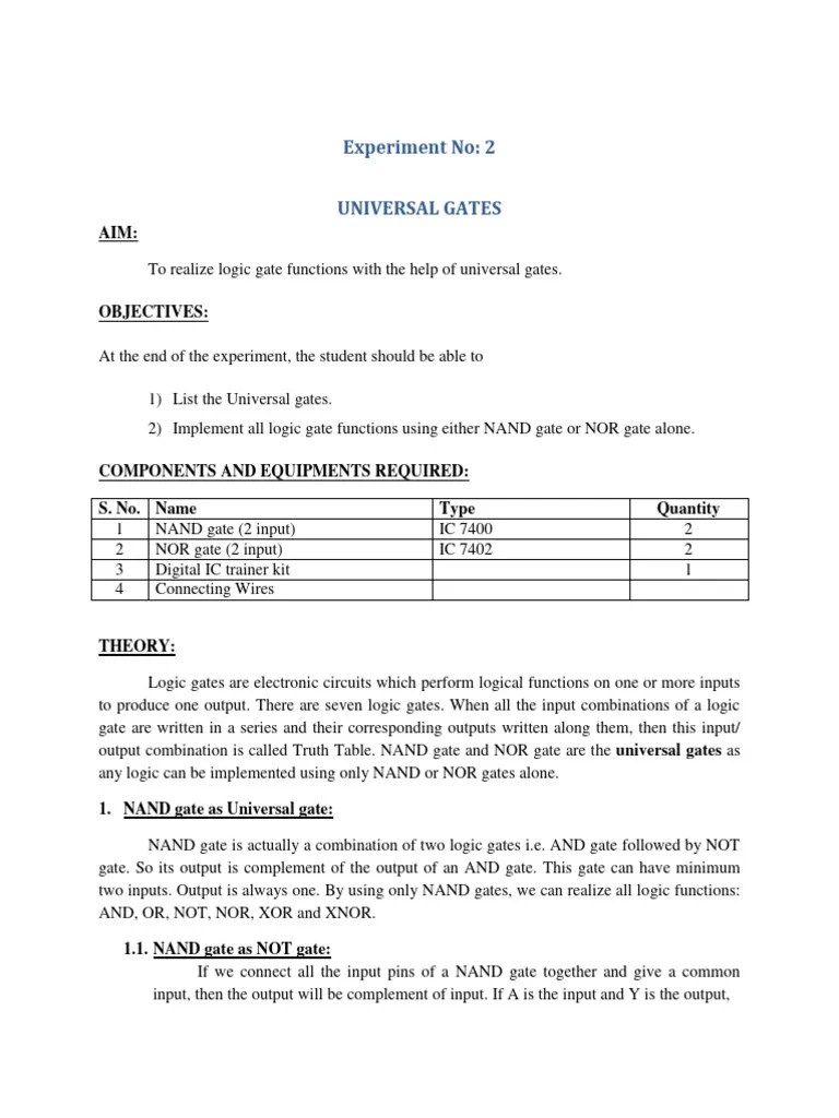 Experiment 2 - Universal Gates | PDF | Logic Gate | Electronic Circuits