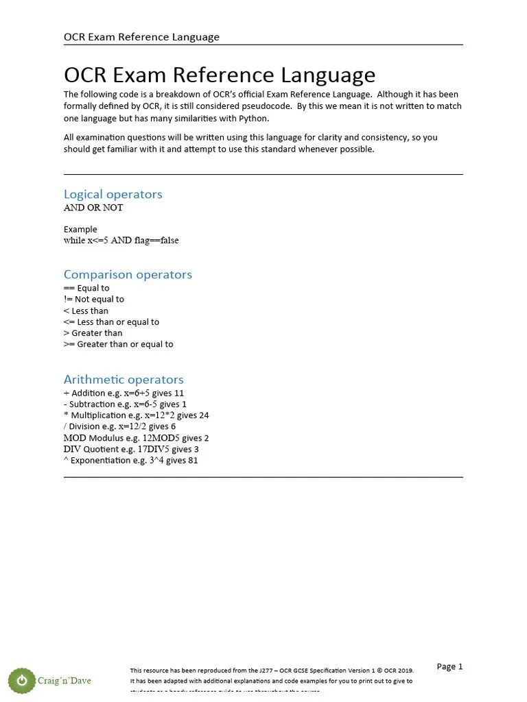 2.1 OCR Reference Language Guide (Exam Pseudocode) | PDF | Variable ...