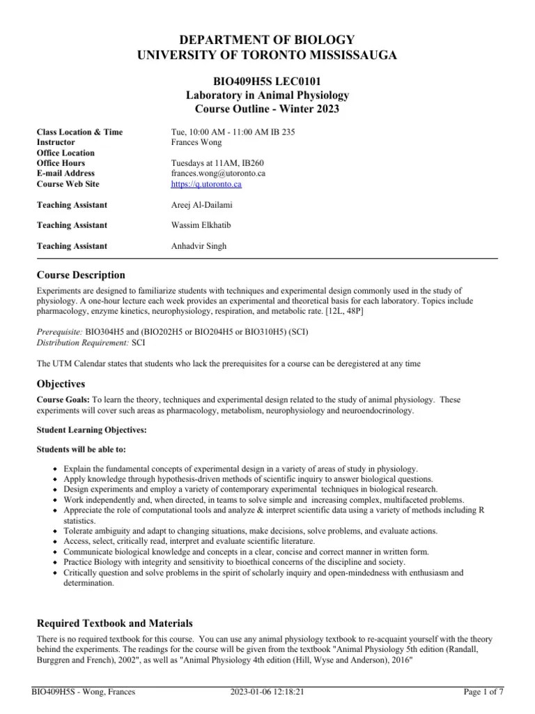 BIO409H5S LEC0101 Syllabus | PDF | Plagiarism | Lecture