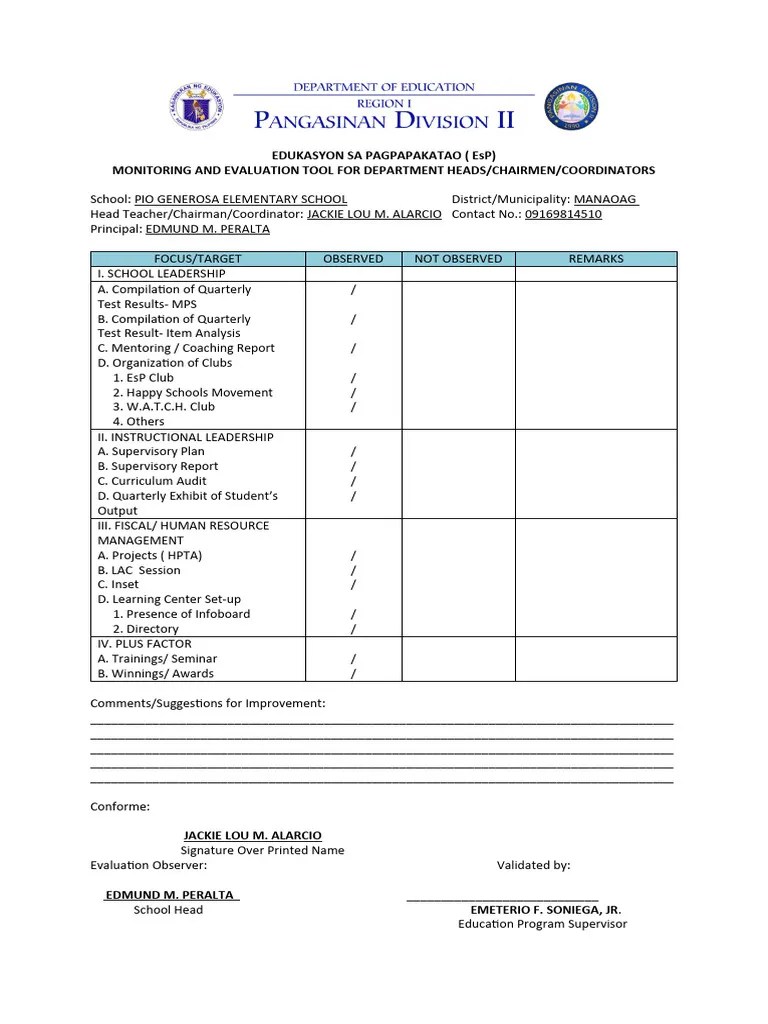 Monitoring Tool In EsP 2020 | PDF | Teachers | Pedagogy