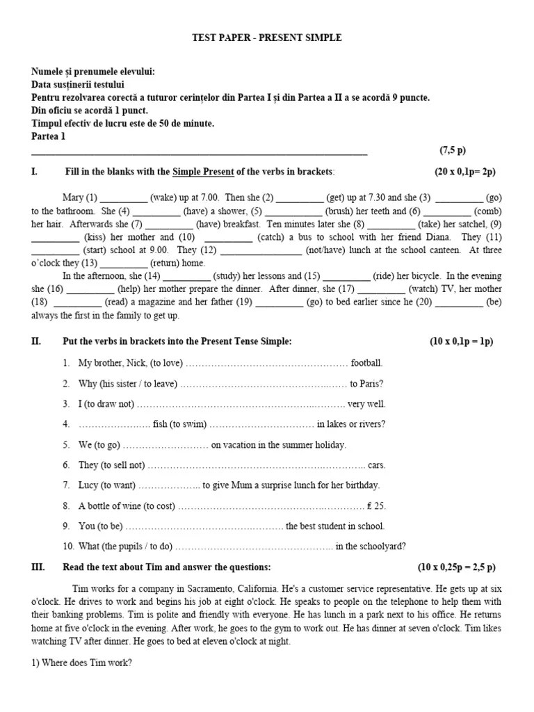 Present Simple Test | PDF | Question | Languages