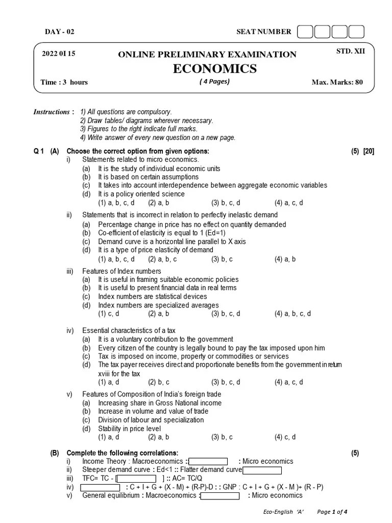 02 QP - Prelims - 2021-22 - XII - Eco-Eng | PDF | Demand | Taxes