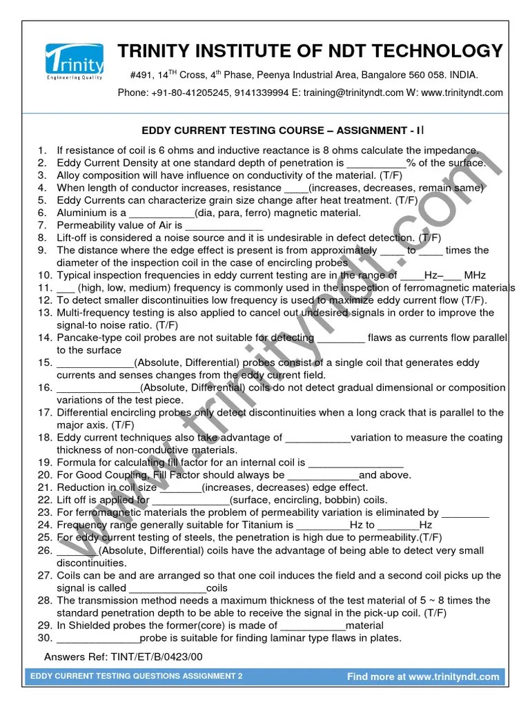 Eddy Current Testing Exam Questions Assignment2 | PDF | Inductor ...
