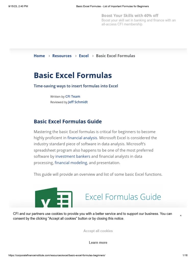 Basic Excel Formulas - List Of Important Formulas For Beginners | PDF ...