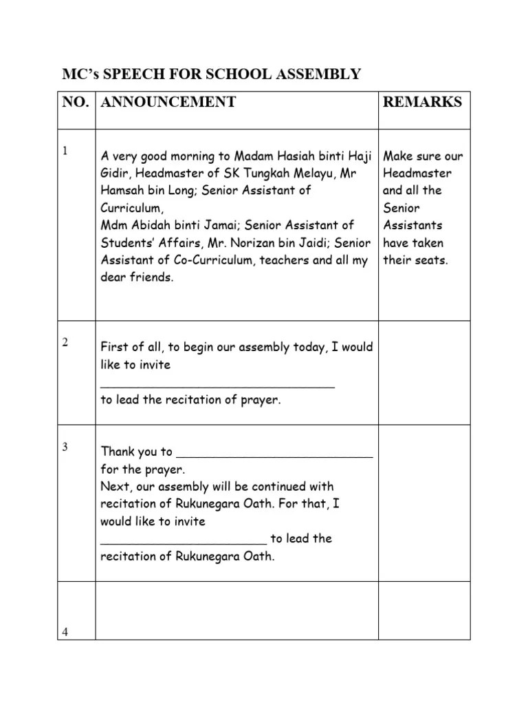 MC S Speech For School Assembly | PDF