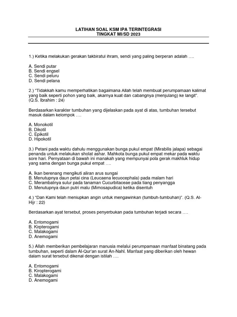 LATIHAN SOAL KSM IPA TERINTEGRASI MI 2023 - Masagipedia | PDF