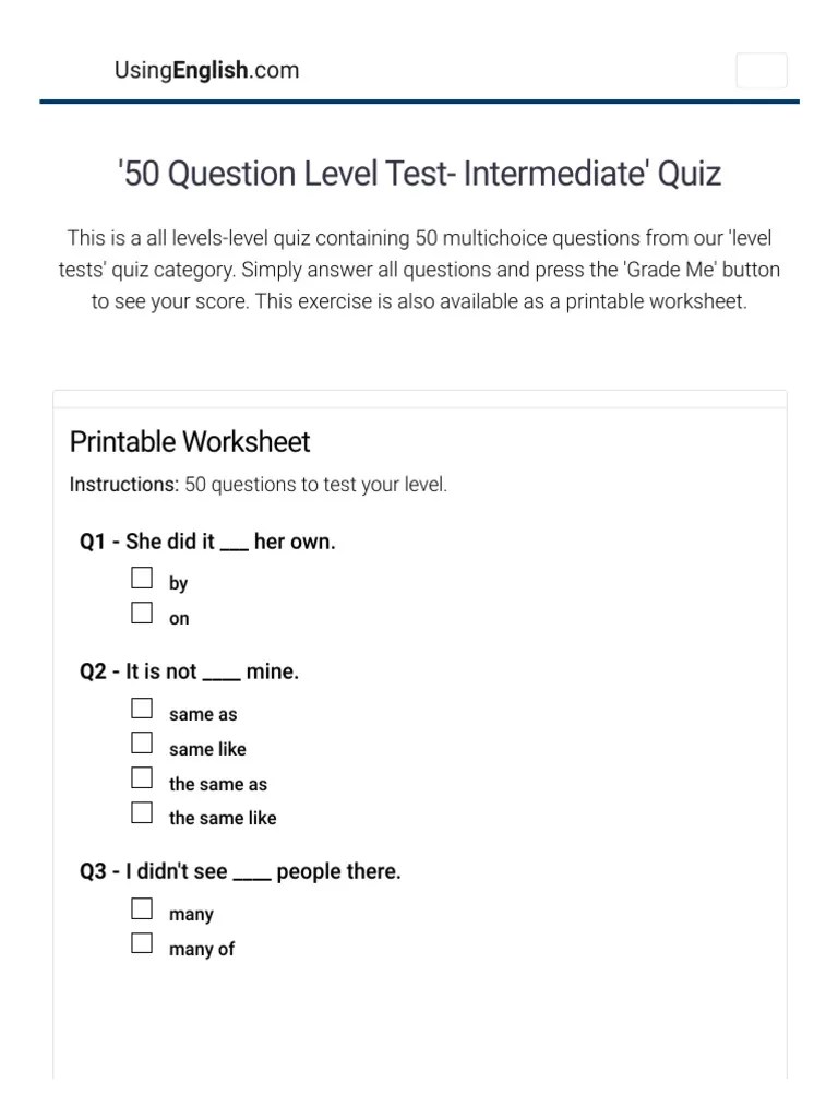 '50 Question Level Test - Intermediate' Quiz - Exercise & Worksheet | PDF