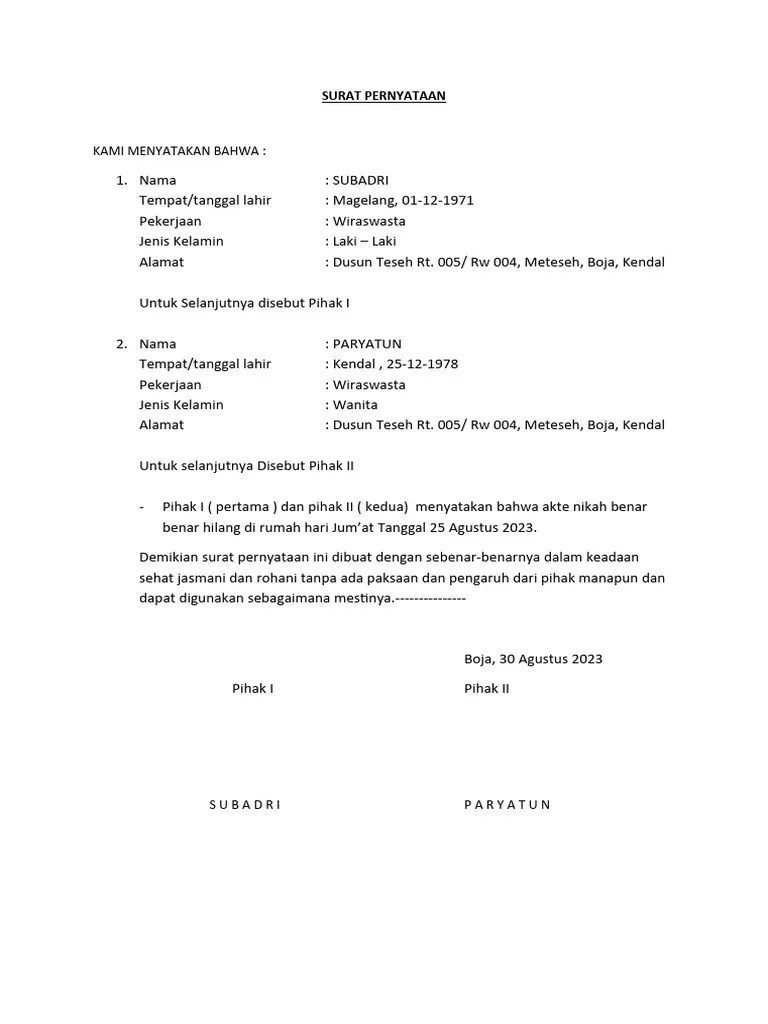 SURAT PERNYATAAN Kehilangan KTP | PDF