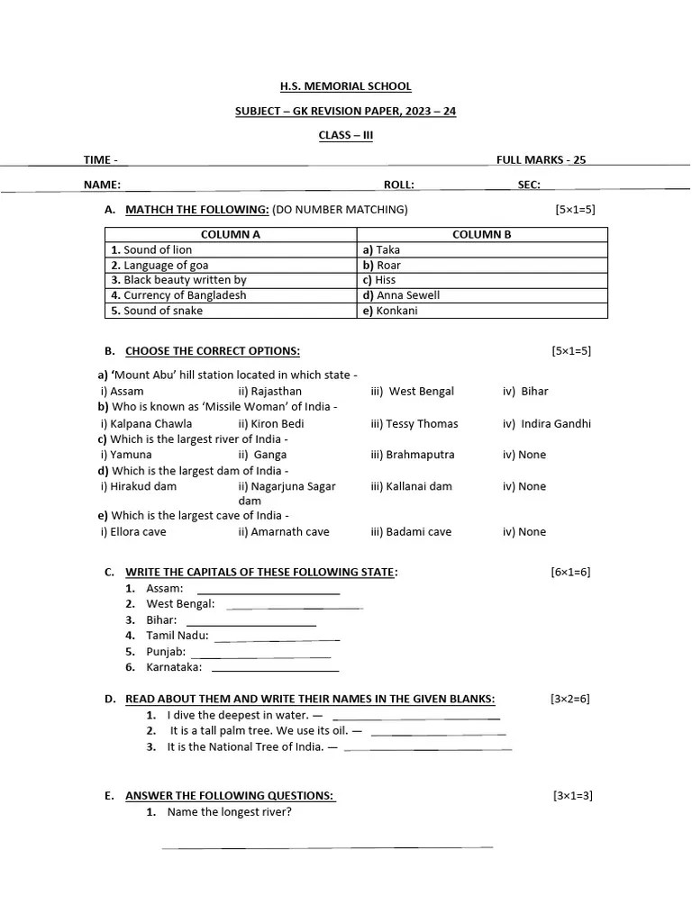 Class 3 Gk Dummy Question Paper Pdf