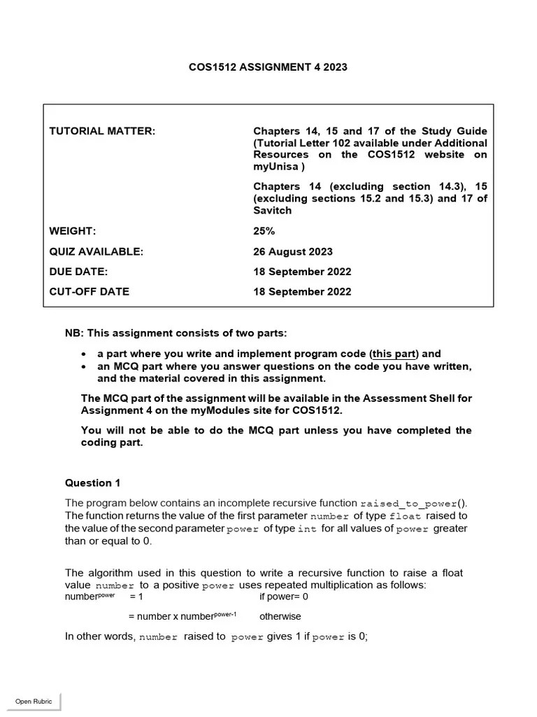 Cos1512 Assignment 4 2023 | PDF | Inheritance (Object Oriented ...