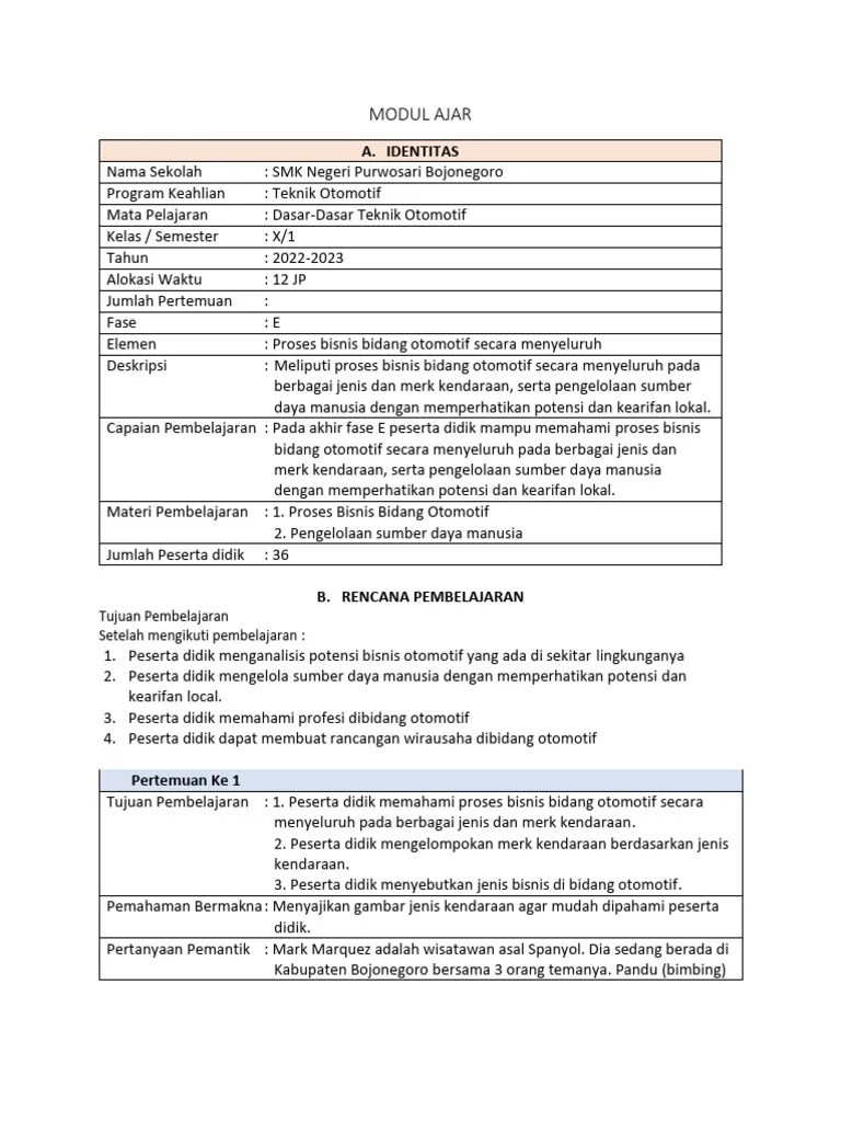 X - MODUL AJAR - Bisnis Otomotif | PDF