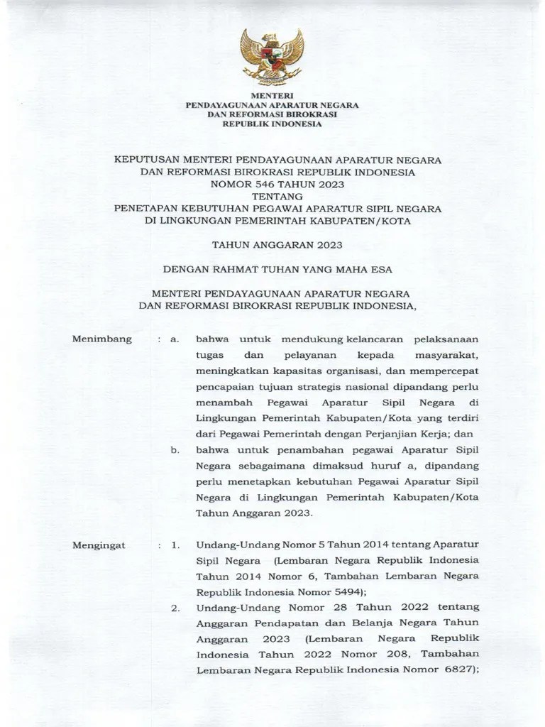 SK Menpan Penetapan Kebutuhan PPPK Formasi Tahun 2023 | PDF